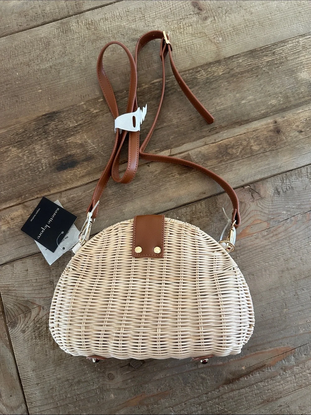 Nanette Lepore Tan & Natural Woven Straw Crossbody with Gold Hardware